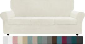ZNSAYOTX Luxus-Samt-Couchbezug, 4-teilig, Stretch-Sofabezüge für 3 Kissen, dick, weich, groß, rutschfest, für Hunde, Haustiermöbelschutz (Beige), 231 cm - 279,4 cm (3 Kissen)