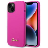 Guess silikoninis Vintage Gold Logo dėklas iPhone 14 / 15 Plus fuksijos