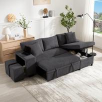 Sulankstomas L formos kampinis sofa-lova su USB, šoninėmis lentynomis ir sandėliavimo vieta, 3 vietų