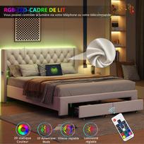 Dvigulė lova su LED, USB, 2 stalčiais, grotelių pagrindu, 140x190 cm, aksomas, smėlio spalvos