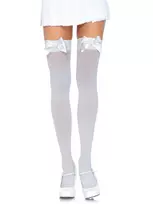 Nylon Thigh Highs With Bow White - Onesize