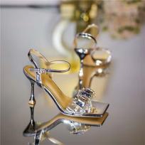 Fashion Gold Silver High Heels Sandals Women  Summer Square Toe Shiny Crystal Sandals Woman Ankle Straps Thin Heel Party Pumps Shoes 34 sidabras