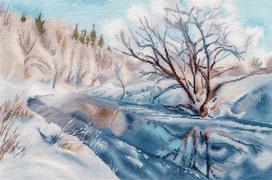 Kryželiu siuvinėjimo rinkinys „Vasaris žydrynėje“ ant 16 ct baltos drobės, 34×24 cm, S1710