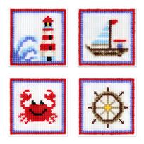 Kūrybinis siuvinėjimo kryželiu rinkinys „Jūros šauksmas“ – 4 jūriniai paveikslėliai vaikų kambario dekorui, 10,6 x 10,6 cm