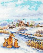 Siuvinėjimo kryželiu rinkinys „Raudonoji šeima“ su žiemos peizažu ir gyvūnais, 20x16 cm