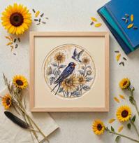 Kryželių siuvinėjimo rinkinys „Kregždžių melodija“ paveikslui 24x24 cm ant Aida 14 ct audinio