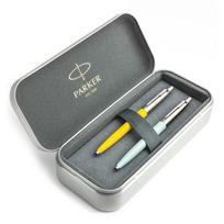 Parker Jotter Originals Yellow ir Pastel Blue Tušinukų dovanų rinkinys su metaliniu dėklu