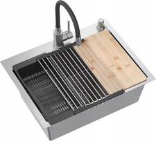Virtuvės plautuvė su sifonu, 1 dubuo b/o + Qmat + įdėklas + dozatorius + medinė lenta + maišytuvas s | ZH5845BS_3323503BL-QDR | 5905505503214
