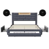 Aksominė minkšta lova su LED apšvietimu, USB jungtimis ir 3 stalčiais, pilka, 160×200 cm