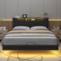 Minkšta lova su LED apšvietimu, hidrauliniu patalynės dėže ir USB jungtimi, 140×200 cm, juoda