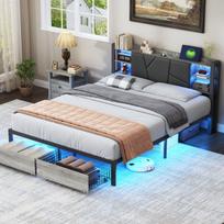 Minkšta lova su LED apšvietimu, stalčiais ir USB jungtimis, 160×200 cm, juoda