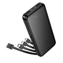 Hoco 10000 mAh 2A power bank with four built-in cables: USB-A, USB-C, Lightning, and Micro-USB, in black