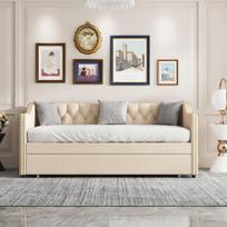 Ištraukiama miegamoji sofa 90×200 cm su grotelėmis, minkšta sofa lova su porankiais ir lino audiniu, smėlio spalvos