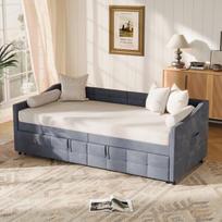 Ištraukiama sofa-lova su medinėmis grotelėmis – 2-in-1 sofa ir lova su patalyne 90x200 pilka