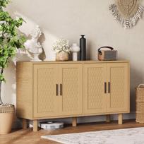 140 cm šoninė spintelė (sideboard) su 4 durimis, rotango imitacija, skandinaviško stiliaus svetainės spintelė