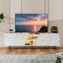 220 cm TV spintelė su LED apšvietimu, balto marmuro dizainas, modernus TV staliukas svetainei