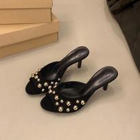 Studded Peep Toe Mules Stiletto Gold Rivets Decor Classic Sexy Women Summer Sandals Dress Party Daily Casual Single Slippers 35 juoda