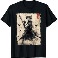 Samurai Cat Graphic Tee Warrior Vintage Japanese Art Anime T-Shirt S juoda