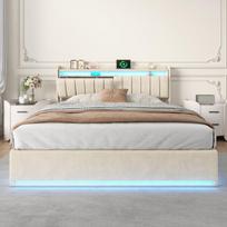 Aksominė lova su LED apšvietimu, daiktadėže ir USB įkrovimu, minkšta lova su pakeliamu pagrindu, smėlio spalvos, 140×200 cm