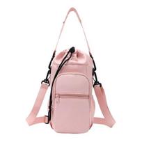 Insulated Water Bottle Sling Bag Adjustable Strap Drawstring Bottle Bag for Hiking Gym Travel Multiple Pockets Bottle Pouch for Phone Keys rožinė
