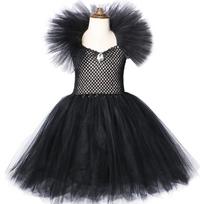 Girls Black Evil Tutu Dress Wings Dark Cosplay Carnival Halloween Costume Kids Fancy 10-12Y