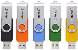 Mėlyna Intenso Office Line Multipack 64GB, USB-Stick - 5 USB-A 3.2 USB-Sticks in yellow, žalias, juodas, mėlynas + oranžinis