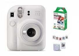 Momentinis fotoaparatas instax mini 12  CLAY WHITE + PRIEDŲ rinkinys (DĖKLAS, ALBUMAS, RĖMELIAI SU SEGTUKAIS) + instax mini glossy (10p