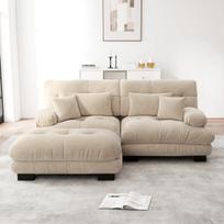 Kampinė sofa iš šenilės audinio su pakoju ir pagalvėmis šviesiai ruda svetainei 1 vnt