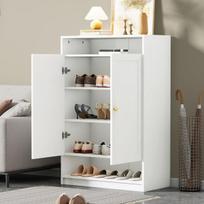 Moderni batų spintelė su reguliuojamomis lentynomis, balta, auksinės rankenos, 2 durys