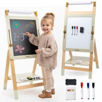 Reguliuojama medinė edukacinė lenta Mamabrum 3-in-1 – magnetinė, kreidinė, molbertas su popieriumi
