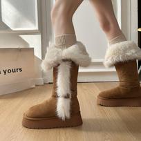 Women's Winter Thi Bot Long Tube Snow Boots ay Fce Lined Heightening Warm Northeast Cotton oes Korean Sle ort... 35 smėlis