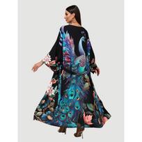 Beach Kimono Cover Ups for Women Plus Size Black Peacock Printed Summer Holiday Bathing Suits with Belt One-size juoda