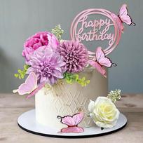 14Pcs Flower Cake Toppers Butterfly Cake Decorations Happy Birthday Cake Toppers Flowers for Girls Women Birthday Party violetinė