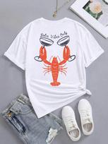 Women Casual Oversized Tees Lobster Illustration Soda Flavor Graphic Tops Loose Round Neck Short Sleeve TShirt Beach Outfits S