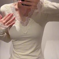 Sexy Lace Wide T-shirts For Women Solid Tees Girls Cute Deep V Neck T-shirts Lady Fashion Tees M gray