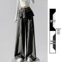 Women's 2026 Spring Faux Two-Piece Button-Front Wide-Leg Pants - Slimming, Straight, and Casual Fit L