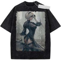 NieR Automata 2B YoRHa No.2 Type B Vintage Wash Anime T-Shirt Game Character Graphic Black Oversized Unisex Streetwear T-shirt L