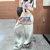 DRIPX Y2K College American Hip-hop Goth Print Drawstring Wide Leg Sweatpants Loose 90s High Street Sports Trousers Floor Length Pants S pilka spalva