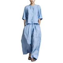 Summer Cotton Linen 2 Piece Sets for Women Button Down Short Sleeve Top And Wide Leg Pants Casual Lounge Outfits with Pockets S šviesiai mėlyna spalva
