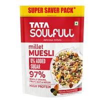 Tata Soulfull 0 % pridėto cukraus sorų muslis, 700 g, daug baltymų, daug skaidulų, 97 % viso grūdo produktų, vaisių, riešutų ir sėklų, sudėtyje yra ragi dribsnių, sudėtyje
