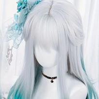Mėlynos baltos spalvos gradientiniai kirpčiukai, tiesūs sintetiniai perukas su uodega, Anime vakarėlis, Cosplay, Mada 2025, Naujas pluošto šukuosena