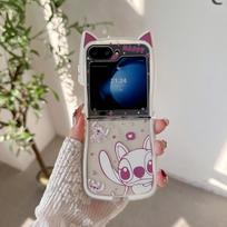 Mielas 3D katės ausų dygsnio animacinis telefono dėklas, skirtas Samsung Galaxy Z Flip 3 4 5 6 7 7FE, Kawaii apsauginis dėklas su karoliukų dirželiu Galaxy Zflip 5