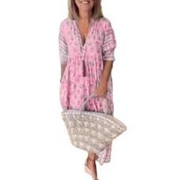 Vasarinė ilga suknelė Bohemiško stiliaus Aukštas juosmuo A formos Klostuota Plazdanti Spausdinta V formos iškirptė Žibintų rankovės Pavasarinė suknelė S rožinė