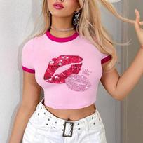 Womens Pink Ringer Crop Top With Red Lips Print Short Sleeve Slim Fit Casual Round Neck Tee S rožinė