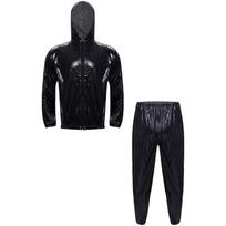 Unisex PVC pirties kostiumas ilgomis rankovėmis su užtrauktuku ir gobtuvu, su raišteliu, striukė, kelnės, sporto treniruotė M juoda