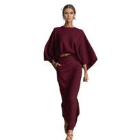 Summer 2 Piece Skirt Sets for Women Batwing Long Sleeve Top And High Waist Ruched Maxi Skirt Matching Set Summer Vacation Lounge Outfits L vyno raudonos spalvos