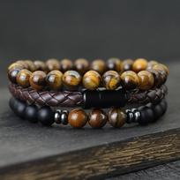 Noter 3 vnt. vyrų apyrankių rinkinys 8 mm natūralaus onikso tigro akių akmens apyrankė Homme magnetinis užsegimas odinė apyrankė Pulsera Hombre dovana 19.5cm ruda