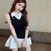 Womens Preppy Style Sleeveless Fake Two-Piece Bodycon Mini Dress S juoda