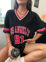Women's Large Printed T-shirt Los Angeles 91 Letter Short Sleeve V-neck Loose Street Wear Sports Jersey Spring/Summer Tshirt Top XL