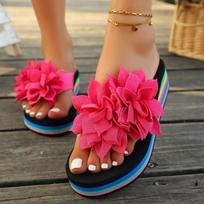 Herringbone all-match slippers, rainbow-soled flowers, thick-soled wedges, casual beach shoes 36 rožinė